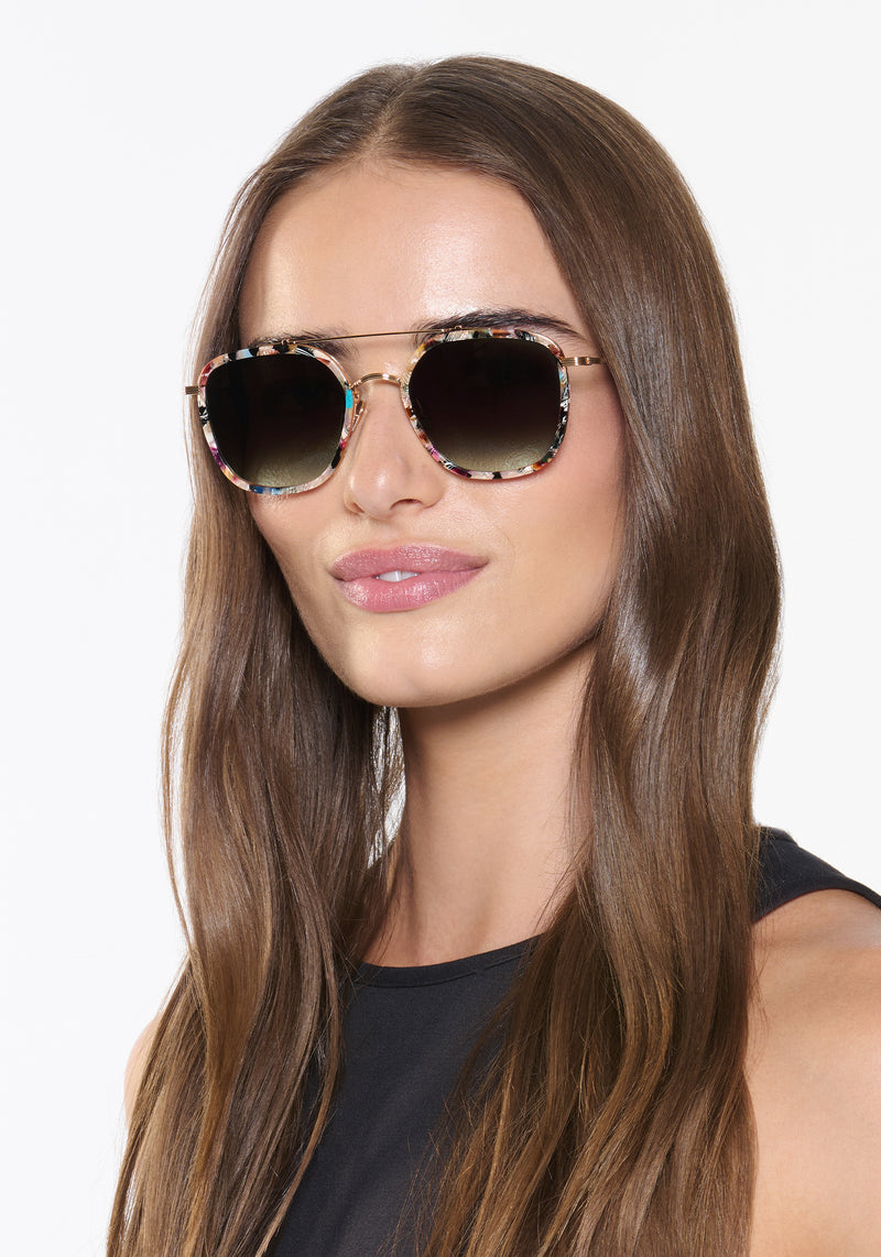 AUSTIN | 18K Titanium + Amalfi Handcrafted, luxury dark mulitcolored tortoise acetate and titanium aviator KREWE sunglasses womens model | Model: Sam