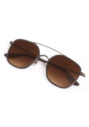 AUSTIN | Antique Gold Titanium + Brown Leather Handcrafted, luxury dark brown acetate and titanium aviator KREWE sunglasses
