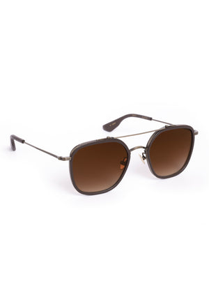 AUSTIN | Antique Gold Titanium + Brown Leather Handcrafted, luxury dark brown acetate and titanium aviator KREWE sunglasses