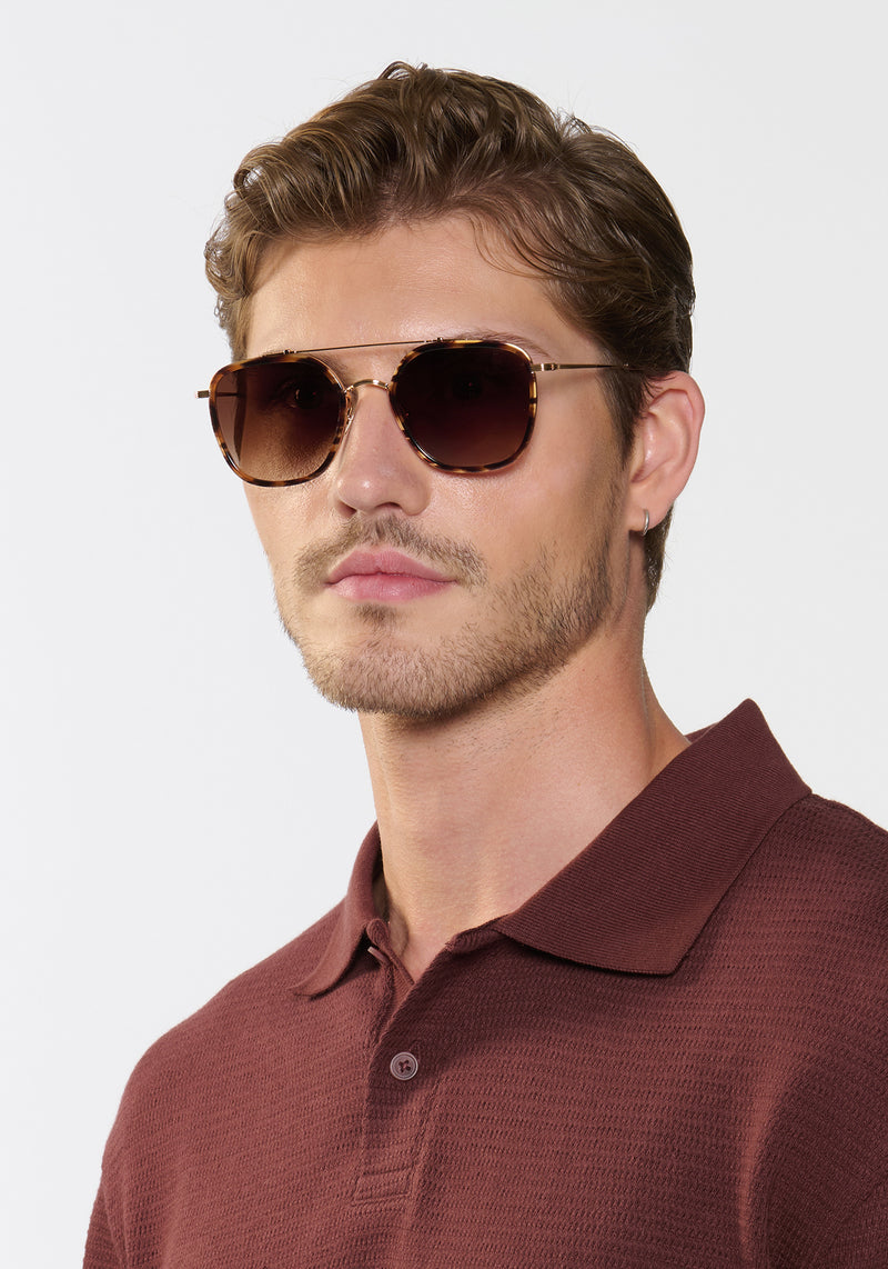 AUSTIN | 18K Titanium + Venezia Handcrafted, luxury dark brown tortoise acetate and titanium KREWE sunglasses mens model | Model: Linus