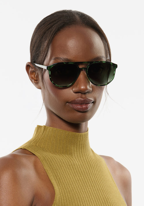 BRANDO | Hemlock Tortoise Handcrafted, luxury green tortoise acetate aviator KREWE sunglasses womens model | Model: Brenda