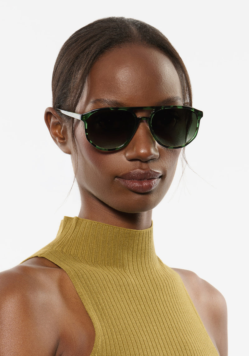BRANDO | Hemlock Tortoise Handcrafted, luxury green tortoise acetate aviator KREWE sunglasses womens model | Model: Brenda