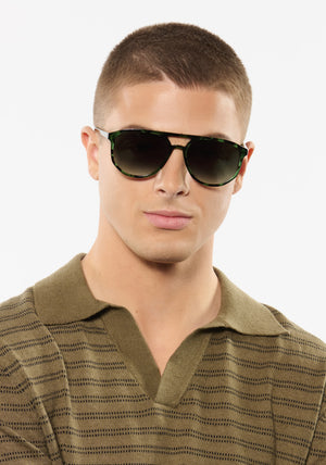 BRANDO | Hemlock Tortoise Handcrafted, luxury green tortoise acetate aviator KREWE sunglasses mens model | Model: Joey