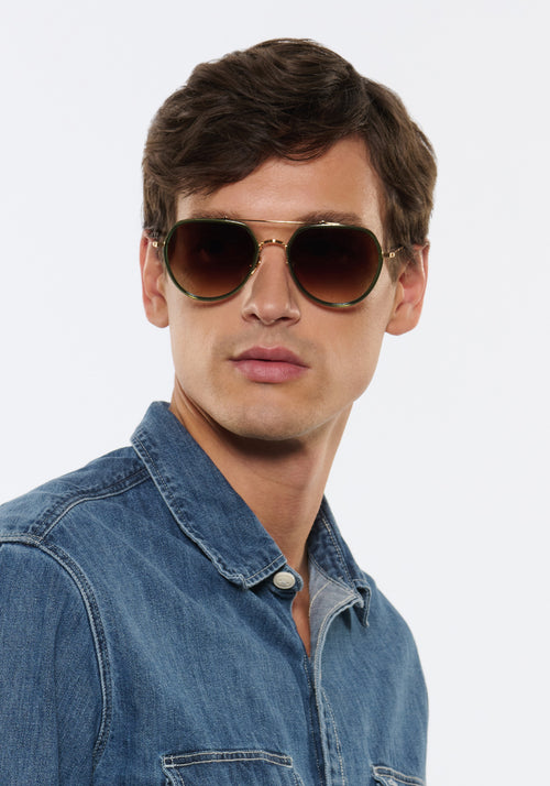 KREWE SUNGLASSES - BAKER | Bottle Green + Zulu 18K Titanium handcrafted, luxury green aviator sunglasses mens model | Model: Jegor