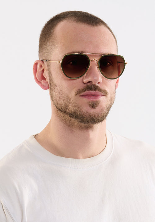 KREWE SUNGLASSES - BAKER | Bottle Green + Zulu 18K Titanium handcrafted, luxury green aviator sunglasses mens model | Model: Connor