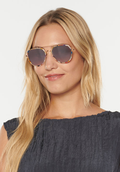 BAKER | 18K Titanium + Gelato Mirrored Handcrafted, luxury titanium and multicolored acetate aviator KREWE sunglasses with multicolored acetate temple tips womens model | Model: Erica