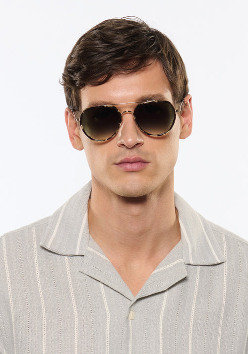 BAKER | 12K Titanium + Patagonian Handcrafted, luxury dark brown tortoise aviator KREWE sunglasses mens model | Model: Jegor