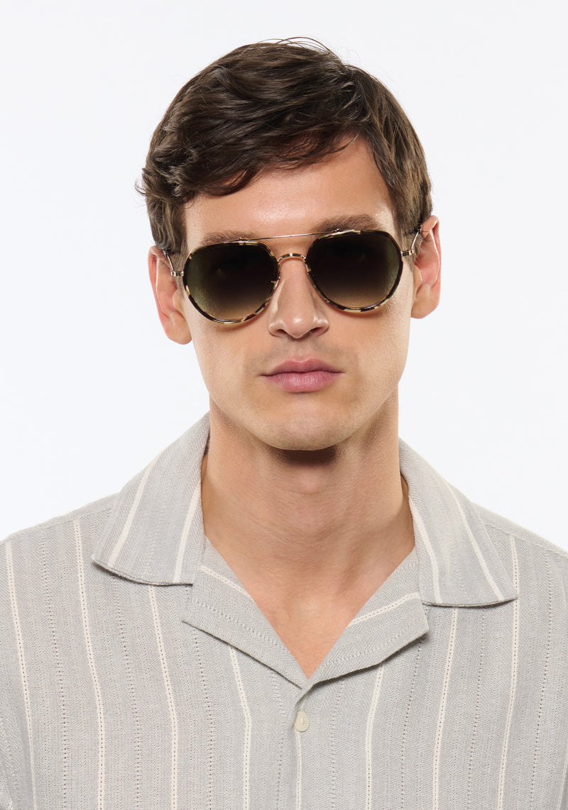 BAKER | 12K Titanium + Patagonian Handcrafted, luxury dark brown tortoise aviator KREWE sunglasses mens model | Model: Jegor