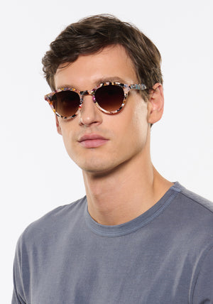 BARRETT | Amalfi Handcrafted, luxury multicolored tortoise acetate round KREWE sunglasses mens model | Model: Jegor