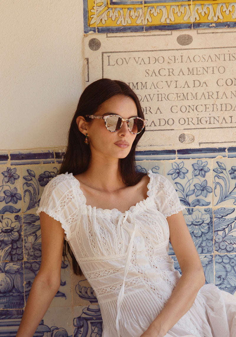 BARRETT | Amalfi Handcrafted, luxury multicolored tortoise acetate round KREWE sunglasses womens model | Model: Patricia