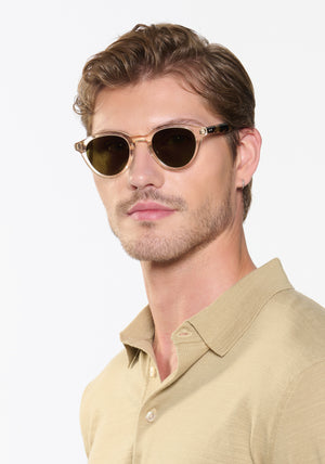 BARRETT | Haze + Iberia Polarized Handcrafted, luxury champagne and brown tortoise acetate round KREWE polarized sunglasses mens model | Model: Linus