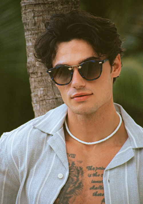 BEAU II | Matte Blue Steel 12K Handcrafted tortoise and 12k gold plated and acetate KREWE glasses mens model | Model: Hayden