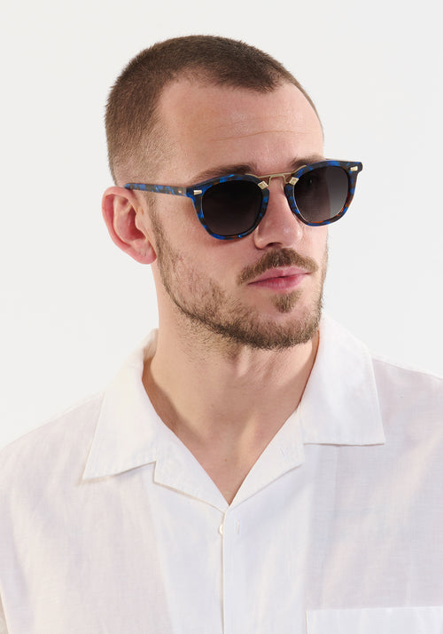 BEAU II | Matte Blue Steel 12K Handcrafted tortoise and 12k gold plated and acetate KREWE glasses mens model | Model: Connor