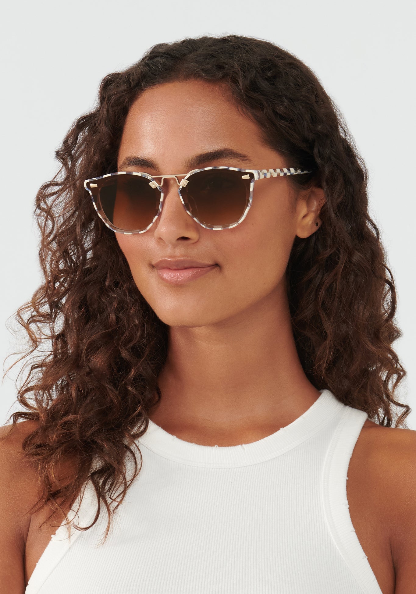 BEAU NYLON | Gingham 12K  Luxury Blue and White Acetate Sunglasses  womens model | Model: Meli