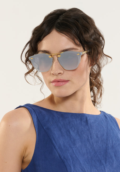 BEAU NYLON | Powder Blue 18K Handcrafted, luxury, blue square acetate with gold bridge and hardware and flat edge to edge nylon lens KREWE sunglasses womens model | Model: Ione