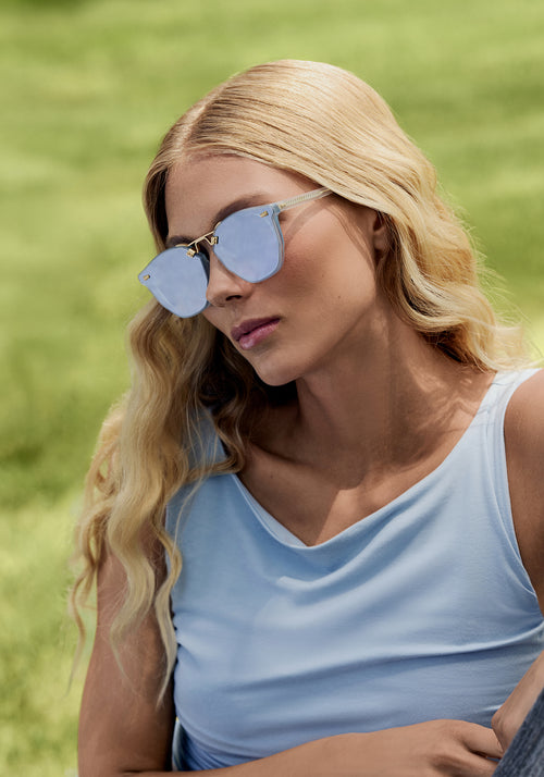 BEAU NYLON | Powder Blue 18K Handcrafted, luxury, blue square acetate with gold bridge and hardware and flat edge to edge nylon lens KREWE sunglasses womens model | Model: Jenna
