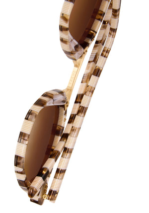 BEAU NYLON | Shepards Check 18K Handcrafted, luxury brown checkered acetate KREWE sunglasses with gold bridge and hardware and flat edge to edge nylon lens