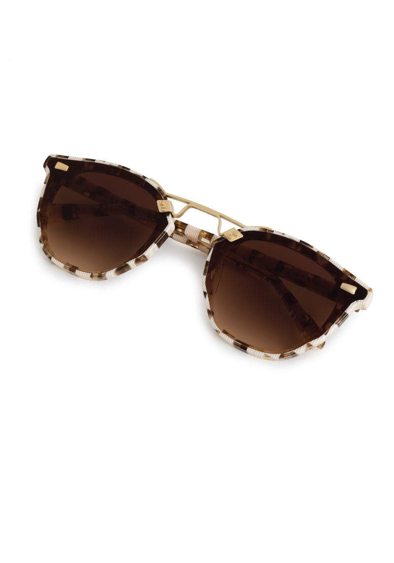 BEAU NYLON | Shepards Check 18K Handcrafted, luxury brown checkered acetate KREWE sunglasses with gold bridge and hardware and flat edge to edge nylon lens