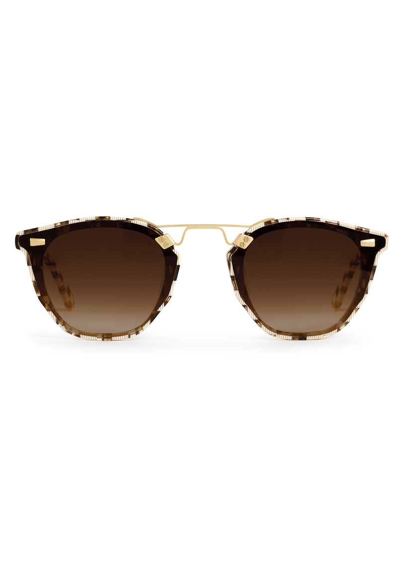 BEAU NYLON | Shepards Check 18K Handcrafted, luxury brown checkered acetate KREWE sunglasses with gold bridge and hardware and flat edge to edge nylon lens