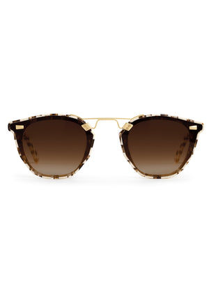 BEAU NYLON | Shepards Check 18K Handcrafted, luxury brown checkered acetate KREWE sunglasses with gold bridge and hardware and flat edge to edge nylon lens