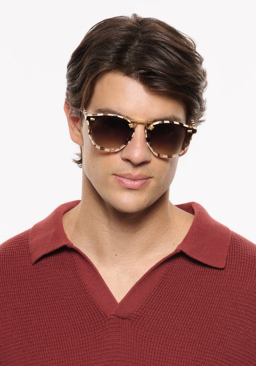 BEAU NYLON | Shepards Check 18K Handcrafted, luxury brown checkered acetate KREWE sunglasses with gold bridge and hardware and flat edge to edge nylon lens mens model | Model: Brent