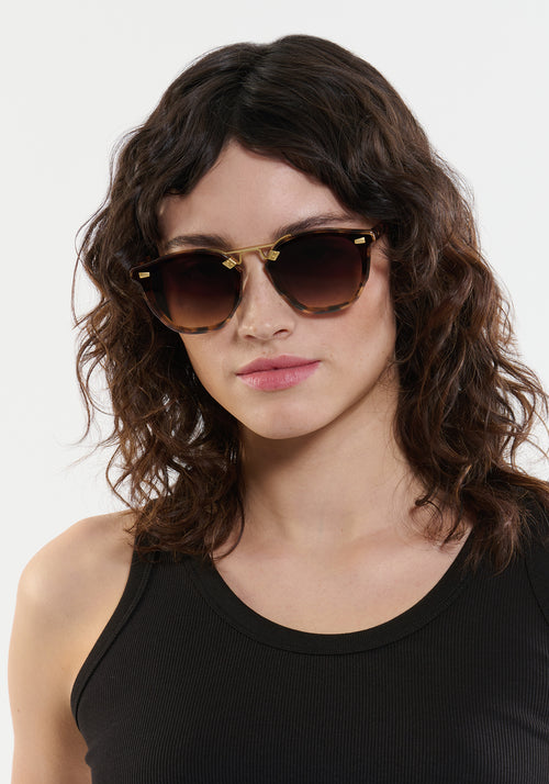 BEAU NYLON | Venezia 18K Handcrafted, luxury, dark brown tortoise square acetate KREWE sunglasses with gold bridge and hardware and flat edge to edge nylon lens womens model | Model: Ione