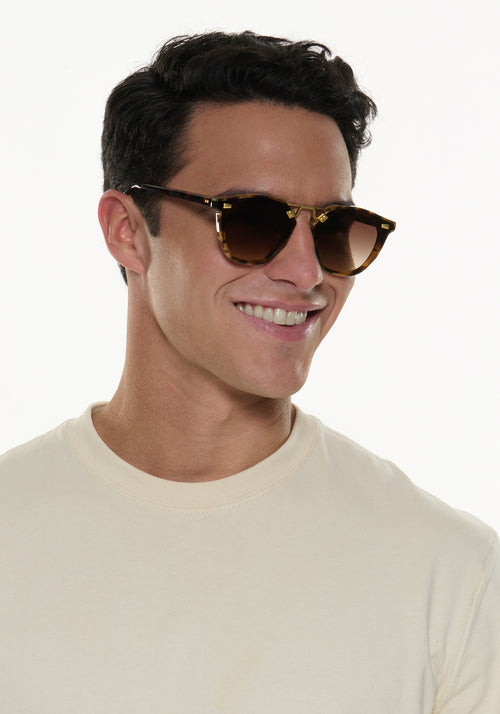 BEAU NYLON | Venezia 18K Handcrafted, luxury, dark brown tortoise square acetate KREWE sunglasses with gold bridge and hardware and flat edge to edge nylon lens mens model | Model: Conrado