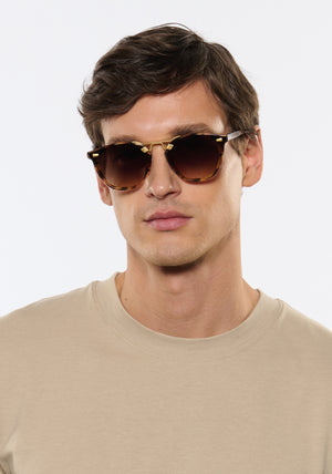 BEAU NYLON | Venezia 18K Handcrafted, luxury, dark brown tortoise square acetate KREWE sunglasses with gold bridge and hardware and flat edge to edge nylon lens mens model | Model: Jegor