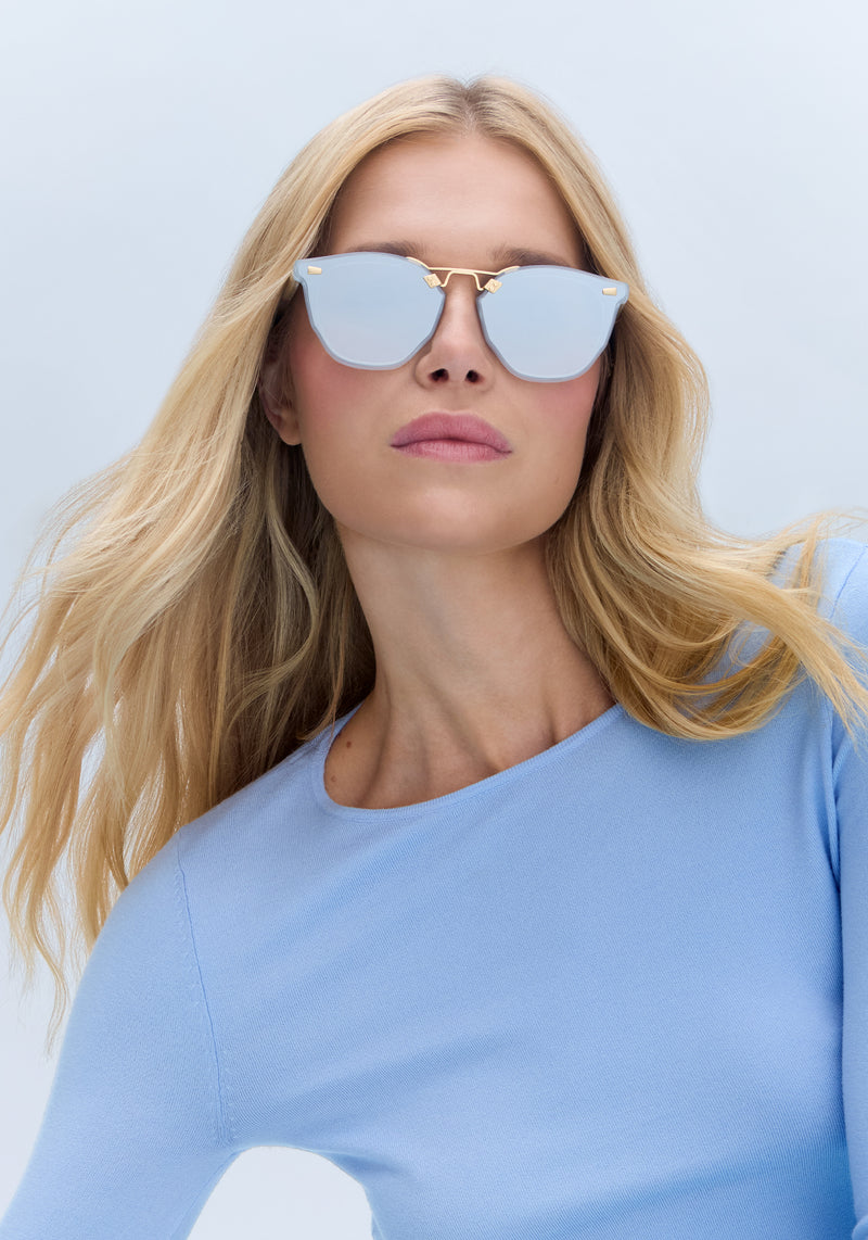 BEAU NYLON | Powder Blue 18K Handcrafted, luxury, blue square acetate with gold bridge and hardware and flat edge to edge nylon lens KREWE sunglasses womens model | Model: Emily U.