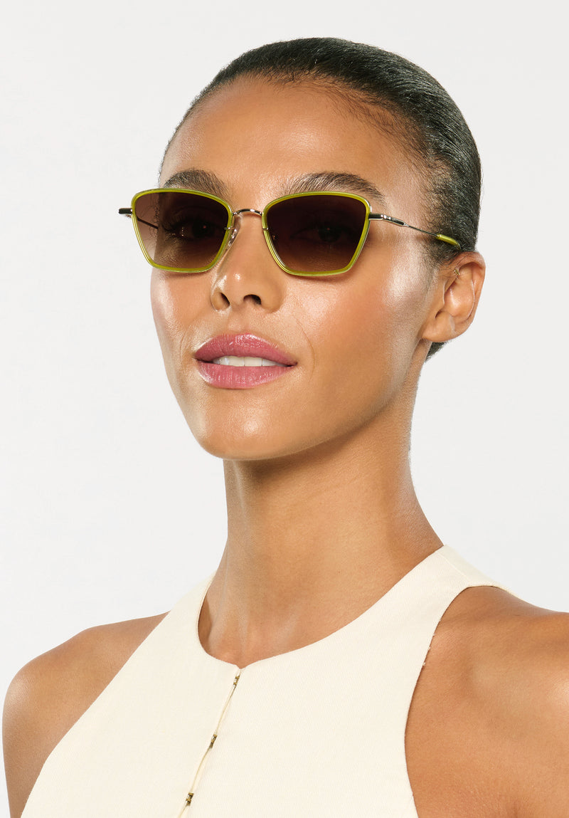 BELLA | Silver + Chartreuse Handcrafted, luxury yellow green and stainless steel cat-eye KREWE sunglasses womens model | Model: Sasha
