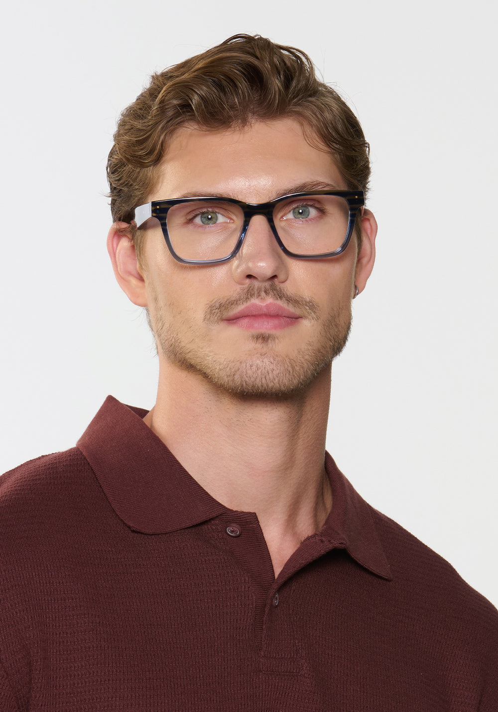 BOOKER | Rhodes + Oceana Handcrafted, luxury blue and brown acetate large square rectangle KREWE eyeglasses mens model | Model: Linus