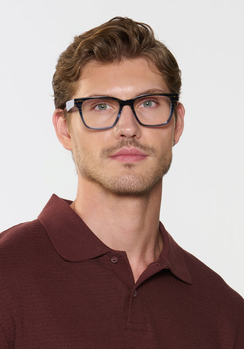 BOOKER | Rhodes + Oceana Handcrafted, luxury blue and brown acetate large square rectangle KREWE eyeglasses mens model | Model: Linus