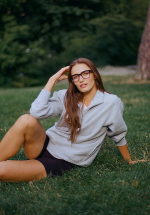 BOOKER | Rhodes + Oceana Handcrafted, luxury blue and brown acetate large square rectangle KREWE eyeglasses womens model | Model: Sam