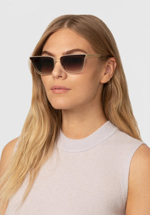 BOWERY NYLON | Blonde Handcrafted, Luxury tan acetate KREWE sunglasses womens model | Model: Maritza