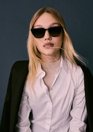 BOWERY NYLON | Black + Black and Crystal Handcrafted, Luxury Black Acetate KREWE Sunglasses womens model campaign | Model: Juliette