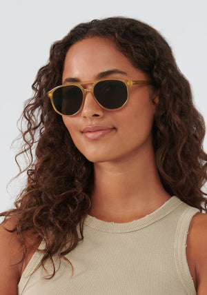BRANDO | Chamomile Handcrafted, luxury tan acetate KREWE sunglasses womens model | Model: Meli