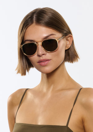 BRANDO | Champagne + Iberia Polarized Handcrafted, luxury grass green acetate aviator polarized KREWE sunglasses womens model | Model: Michelle