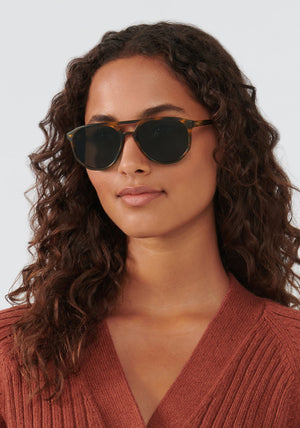 BRANDO | Matte Hickory Handcrafted, luxury brown tortoise acetate KREWE sunglasses womens model | Model: Meli