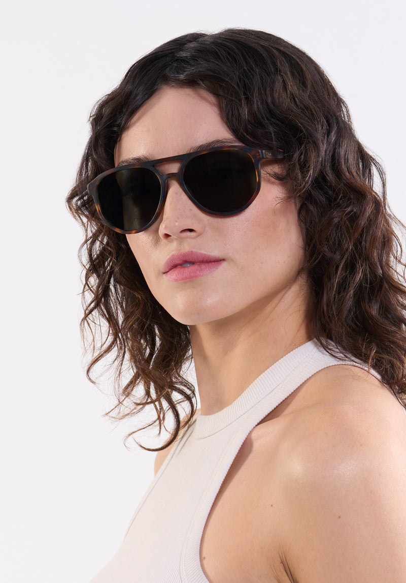 BRANDO | Matte Hickory Handcrafted, luxury brown tortoise acetate KREWE sunglasses womens model | Model: Ione