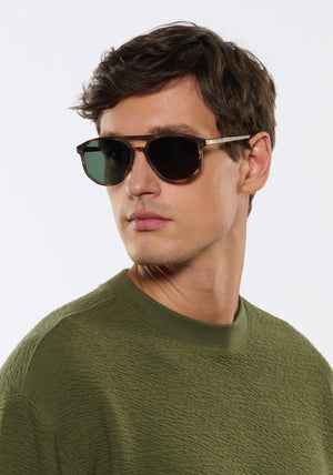 BRANDO | Matte Hickory Handcrafted, luxury brown tortoise acetate KREWE sunglasses mens model | Model: Jegor