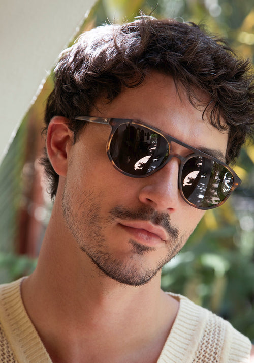 BRANDO | Matte Hickory Handcrafted, luxury brown tortoise acetate KREWE sunglasses mens model | Model: Jacob