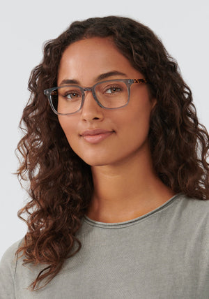 BRANDON | Ash + Chai handcrafted, luxury grey acetate KREWE glasses womens model | Model: Meli