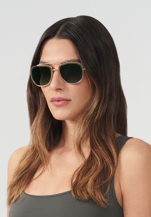 BRETON | Matcha + Pine 12K Polarized Handcrafted, luxury green acetate KREWE aviator sunglasses womens model | Model: Olga