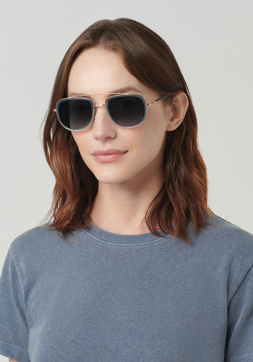 BRETON | Siren Handcrafted, luxury grey acetate and stainless steel KREWE aviator sunglasses womens model | Model: Vanessa