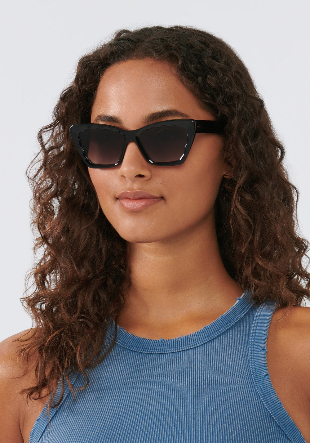 BRIGITTE | Black + Black & Crystal Handcrafted, Black Acetate KREWE Sunglasses womens model | Model: Meli