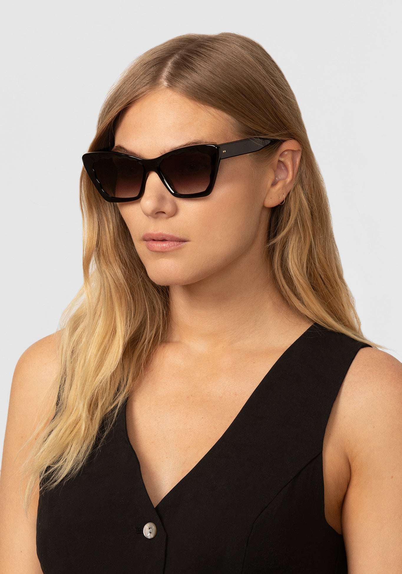 BRIGITTE | Black + Black & Crystal Handcrafted, Black Acetate KREWE Sunglasses womens model | Model: Maritza