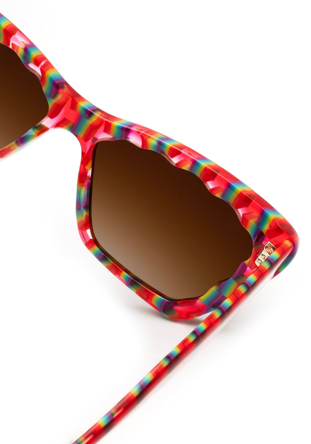 BRIGITTE | Cherry over Fierte Handcrafted, luxury red and rainbow checkered scalloped cat-eye KREWE sunglasses womens model
