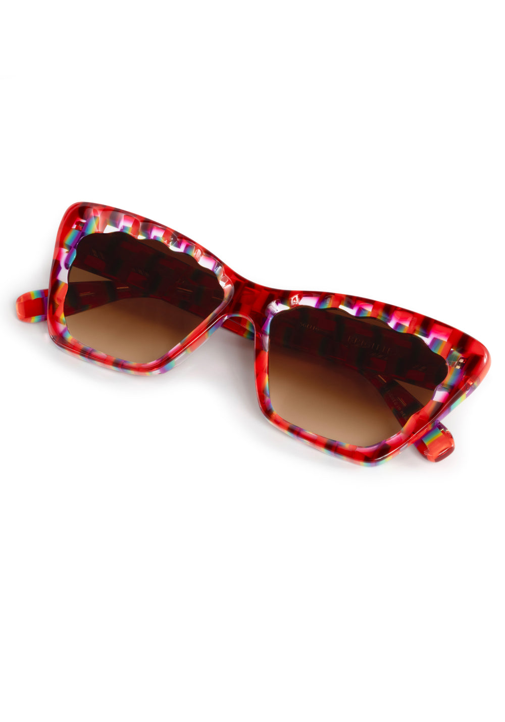 BRIGITTE | Cherry over Fierte Handcrafted, luxury red and rainbow checkered scalloped cat-eye KREWE sunglasses