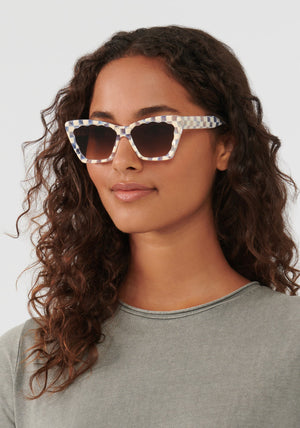 BRIGITTE | Gingham Handcrafted, Blue and White Checkered Acetate KREWE Sunglasses womens model | Model: Meli