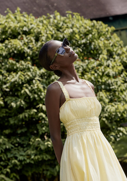 BRIGITTE NYLON | Wasabi Handcrafted, green acetate cat-eye nylon edge to edge lens KREWE sunglasses womens model | Model: Brenda